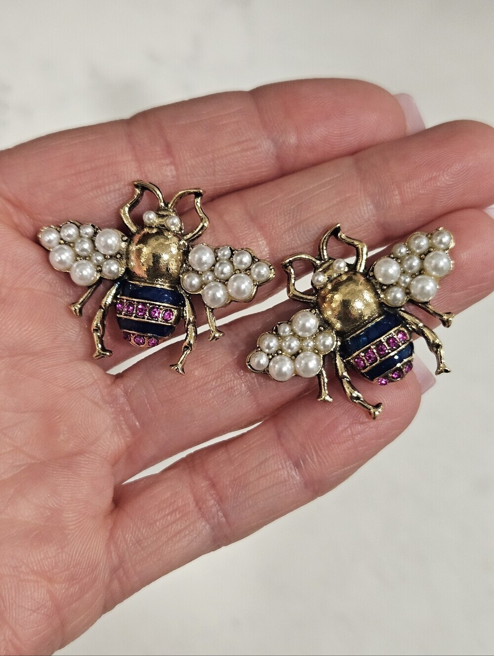NEW Large Pearl Enamel Bee Earrings Pin Vintage Style